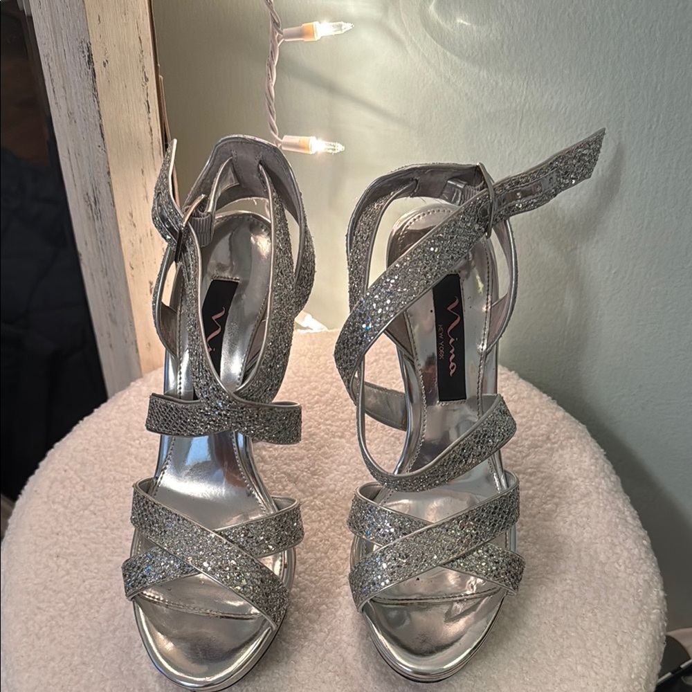 Nina Silver Strappy Heels with Metallic Finish